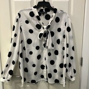 Eloquii White and Black Tie Front Blouse with Mandarin Collar